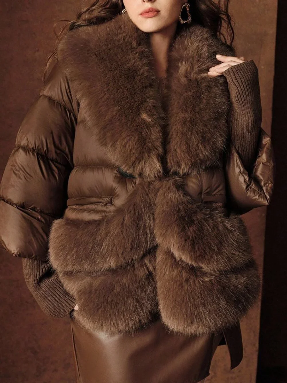 Brown Casual Women's Plus Size Contrast Faux Fur V-Neck Patchwork Zip Coat
